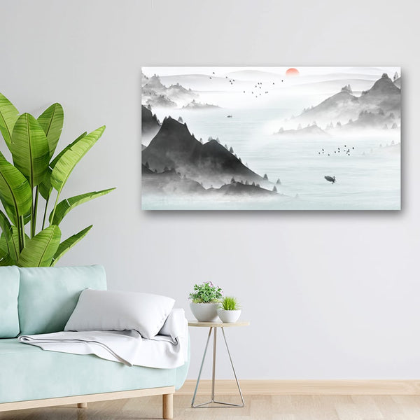 36x20 Canvas Painting - Black and White Mountains Sketch