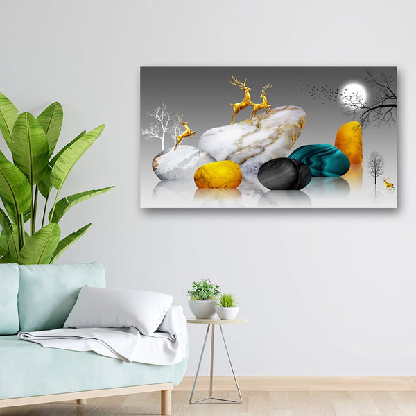 36x20 Canvas Painting - Deers on Marble Stone