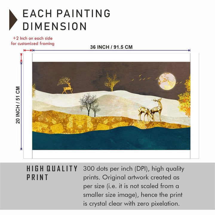 36x20 Canvas Painting - 3D Golden Deer Blue Golden Mountain