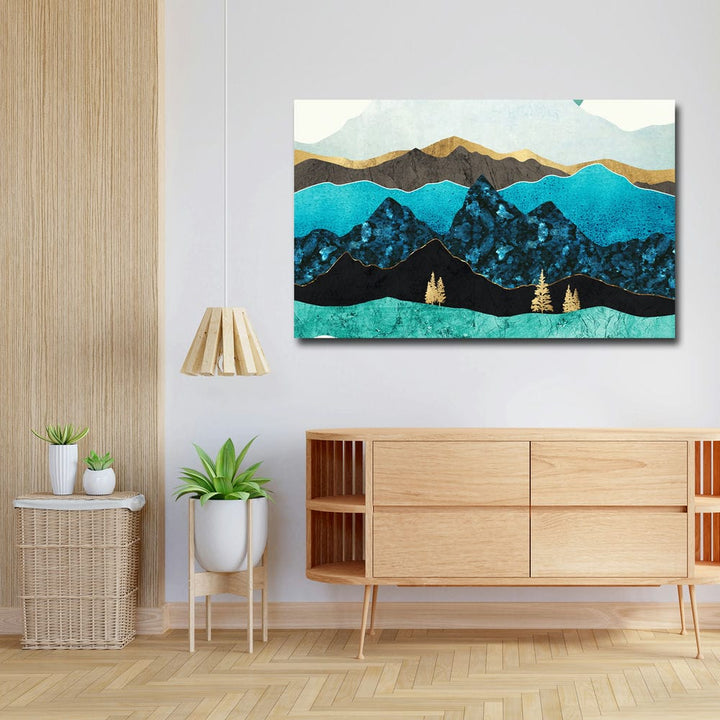 32x20 Canvas Painting - Blue Brown Shaded Mountains