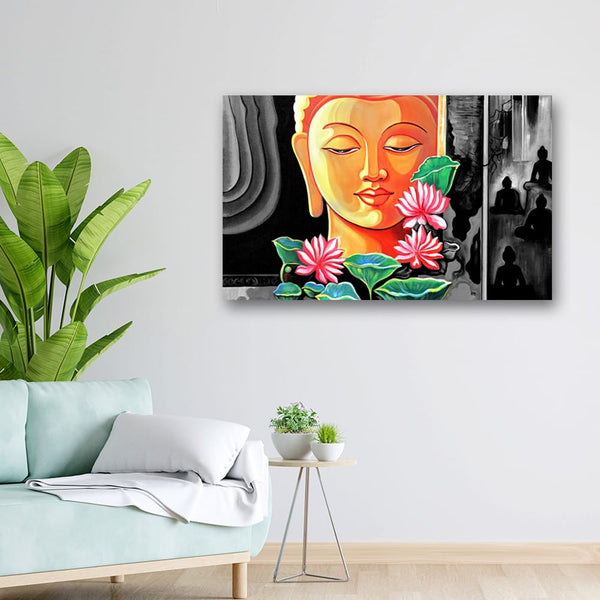 32x20 Canvas Painting - Orange Buddha Face on Black Background