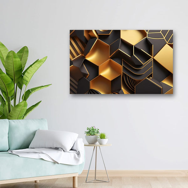 32x20 Canvas Painting - Golden Black 3D Shapes