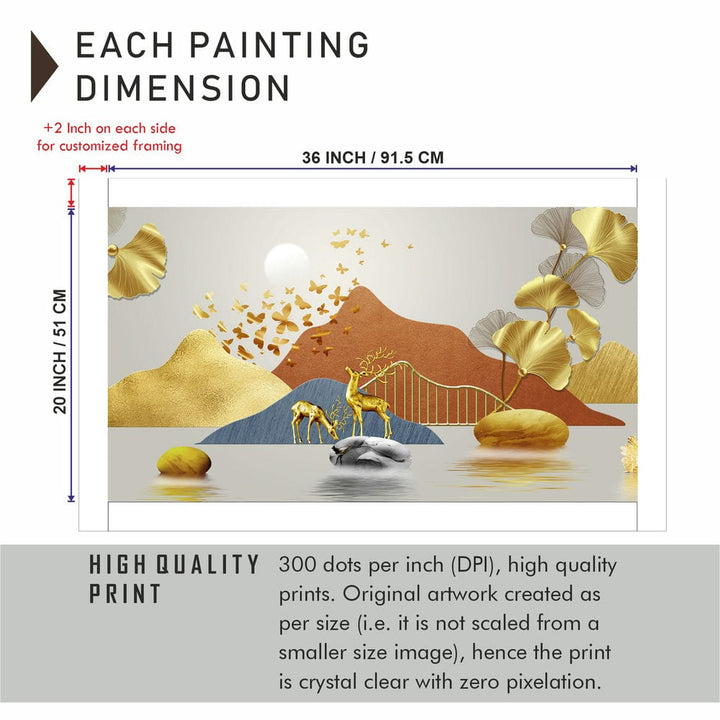 36x20 Canvas Painting - Golden 3D Deer Butterfly
