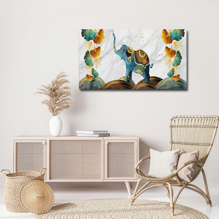 36x20 Canvas Painting - Elephant Golden Green Leaf Art