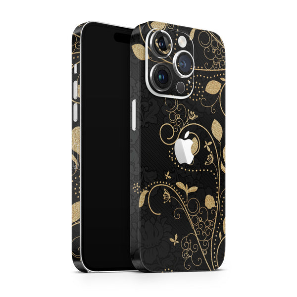 Apple iPhone Skin Wrap - Golden Floral Leaves on Black - SkinsLegend