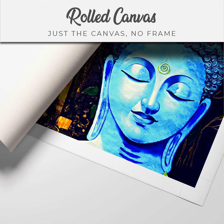 FineArts Rolled Canvas Painting - Blue Buddha Green Leaves Art
