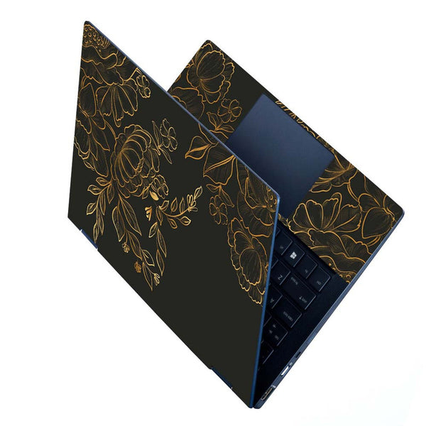 Full Panel Laptop Skin - Golden Floral Vector on Black