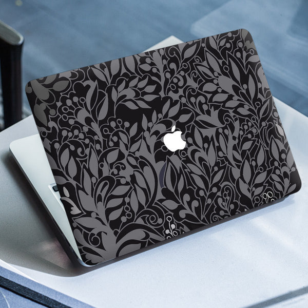 Laptop Skin for Apple MacBook - Grey Leaves on Black - SkinsLegend