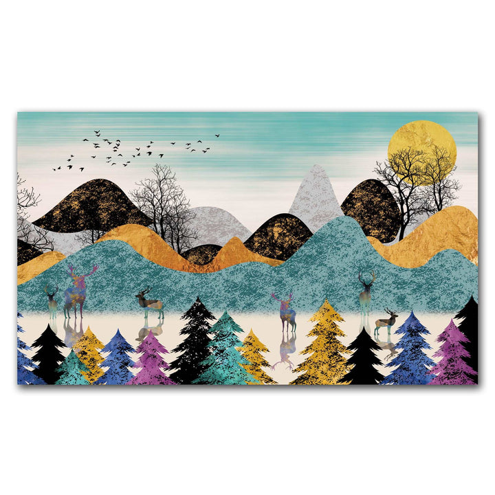 FineArts Rolled Canvas Painting - Mountains and Dear Art