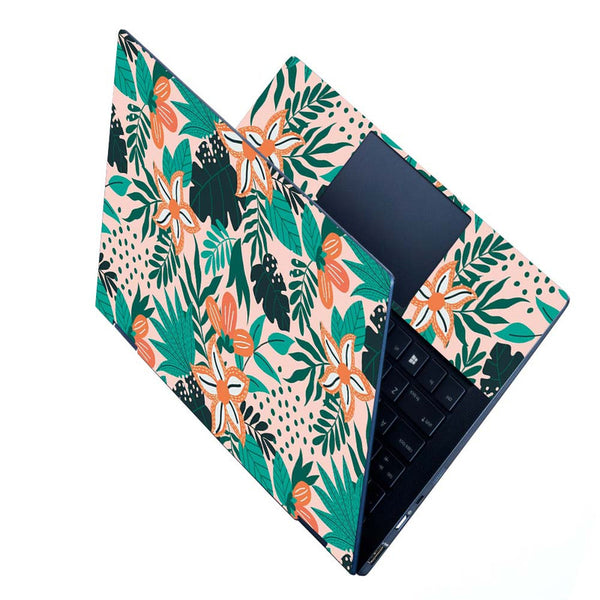 Full Panel Laptop Skin - Orange Floral With Green Leaves