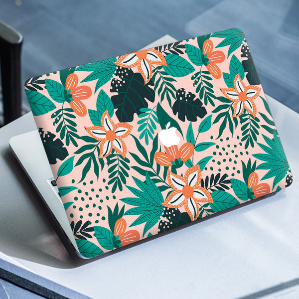 Laptop Skin for Apple MacBook - Orange Floral With Green Leaves - SkinsLegend