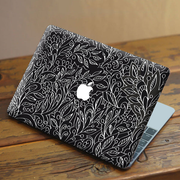 Laptop Skin for Apple MacBook - White Leaf Art on Black - SkinsLegend