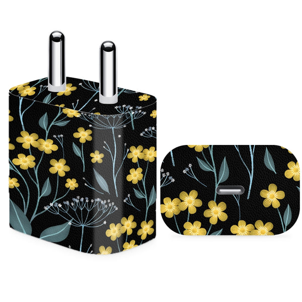 Charger Skin - Yellow Grey Floral Leaves on Black