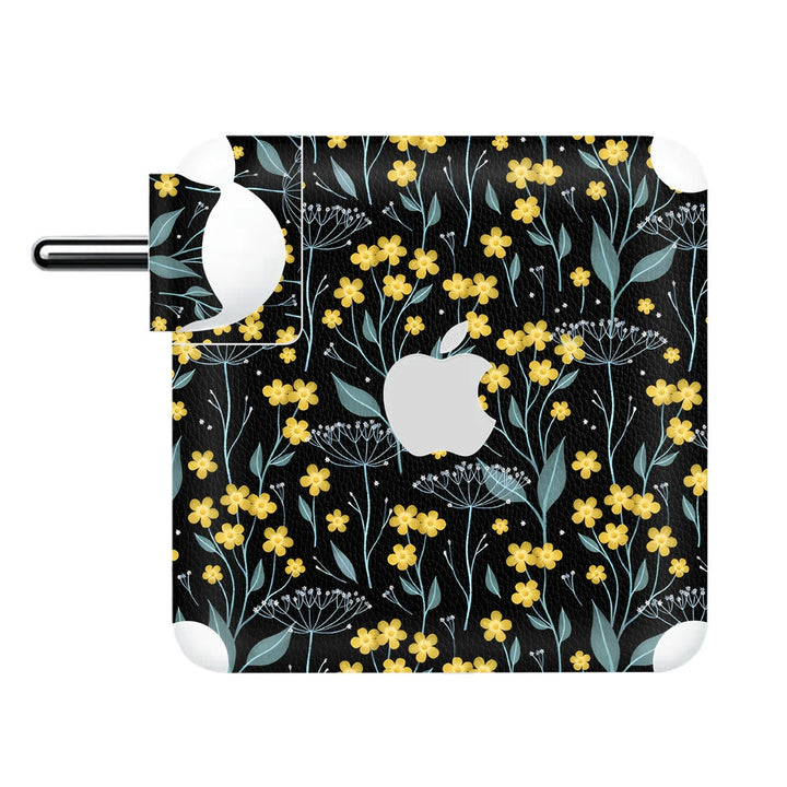 Charger Skin - Yellow Grey Tiny Floral Leaves on Black