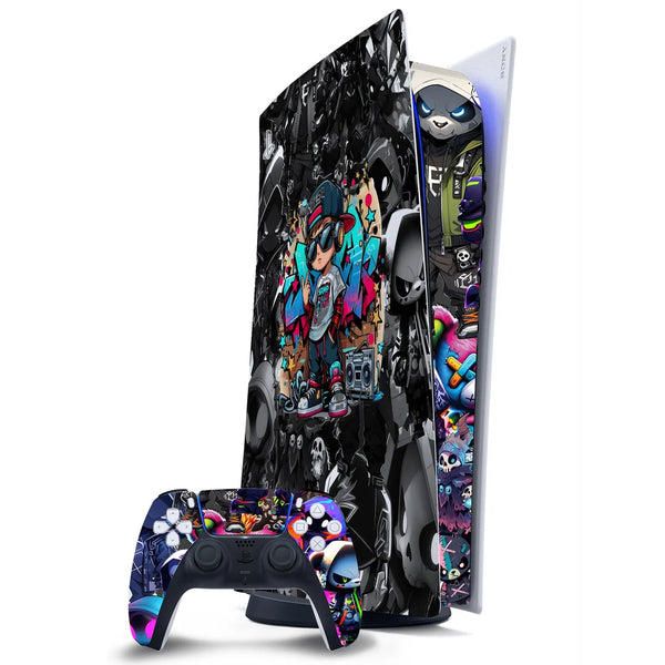 3D Embossed PS5 Console & Controller Skin Set - Cool Hip Hop Boy & Graffiti Pop Art