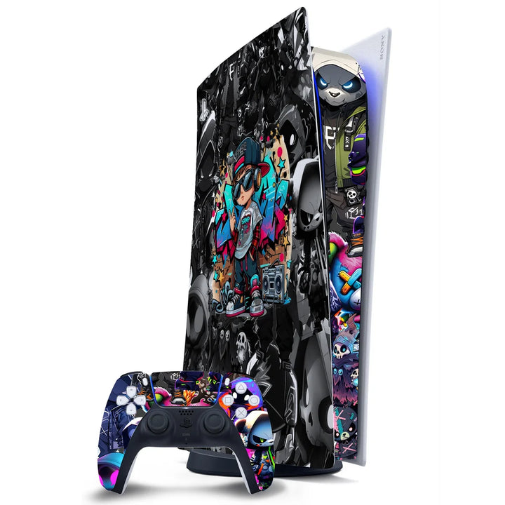 3D Embossed PS5 Console & Controller Skin Set - Cool Hip Hop Boy & Graffiti Pop Art