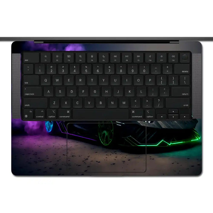 Black Sports Car Green Neon Lights Purple Smoke Laptop Skin for MacBook ...