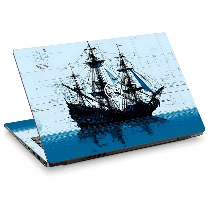 3M Material Textured Embossed Laptop Skin - Pirate Ship Blue Ink Sketch Art