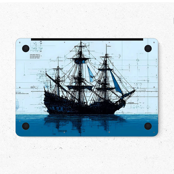MacBook Laptop Skin - Pirate Ship Blue Ink Sketch Art