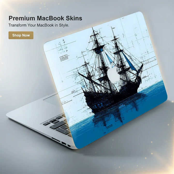MacBook Laptop Skin - Pirate Ship Blue Ink Sketch Art