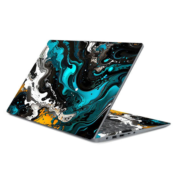 3M Material Textured Embossed Laptop Skin - Abstract Teal Black White Fluid Swirl