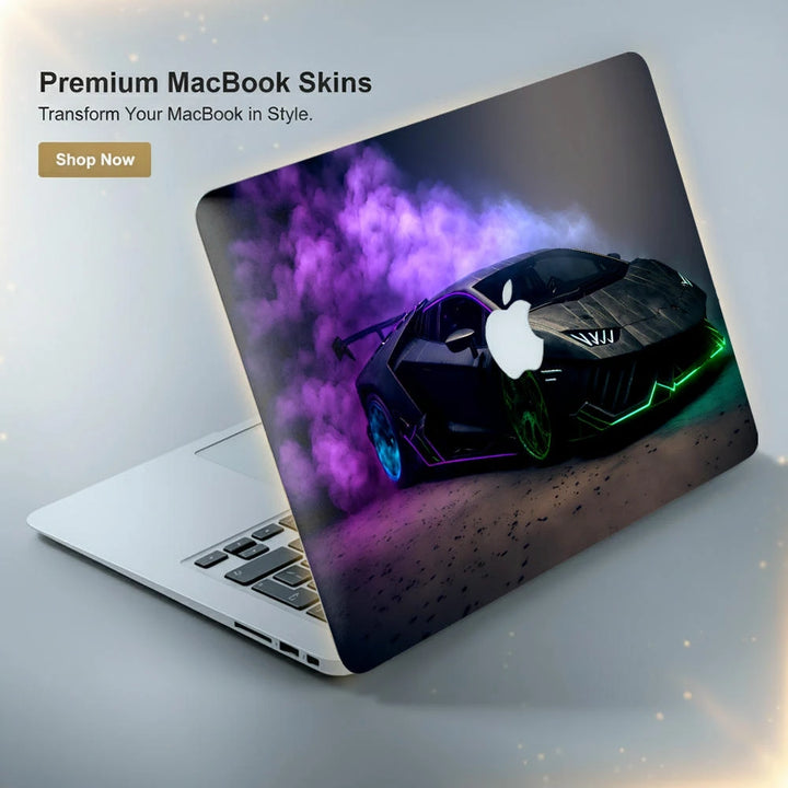 Black Sports Car Green Neon Lights Purple Smoke Laptop Skin for MacBook ...