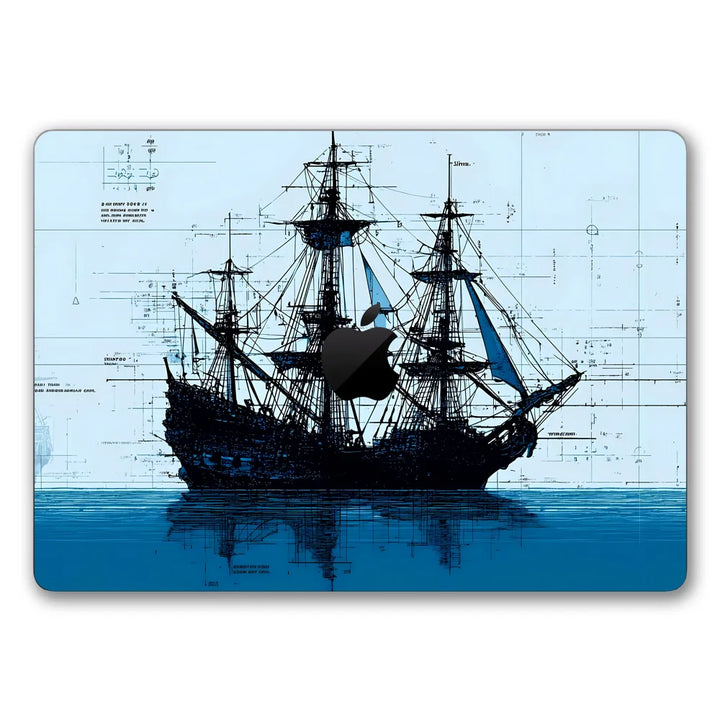 MacBook Laptop Skin - Pirate Ship Blue Ink Sketch Art