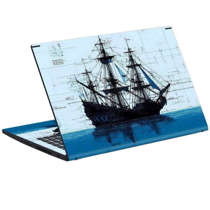 3M Material Textured Embossed Laptop Skin - Pirate Ship Blue Ink Sketch Art