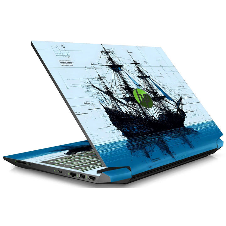 3M Material Textured Embossed Laptop Skin - Pirate Ship Blue Ink Sketch Art