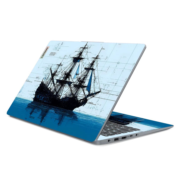 3M Material Textured Embossed Laptop Skin - Pirate Ship Blue Ink Sketch Art