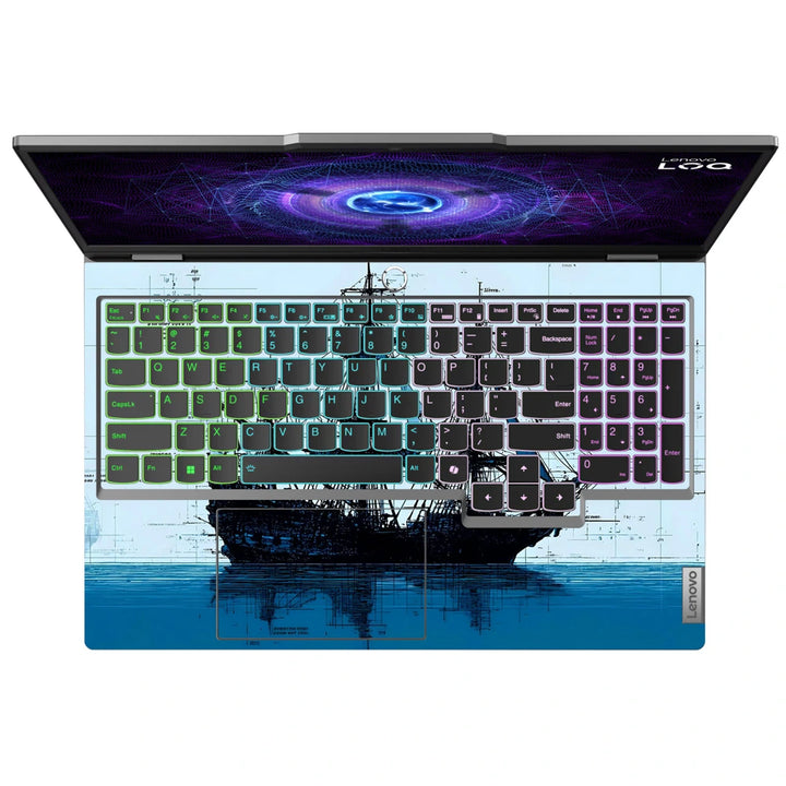 3M Material Textured Embossed Laptop Skin - Pirate Ship Blue Ink Sketch Art