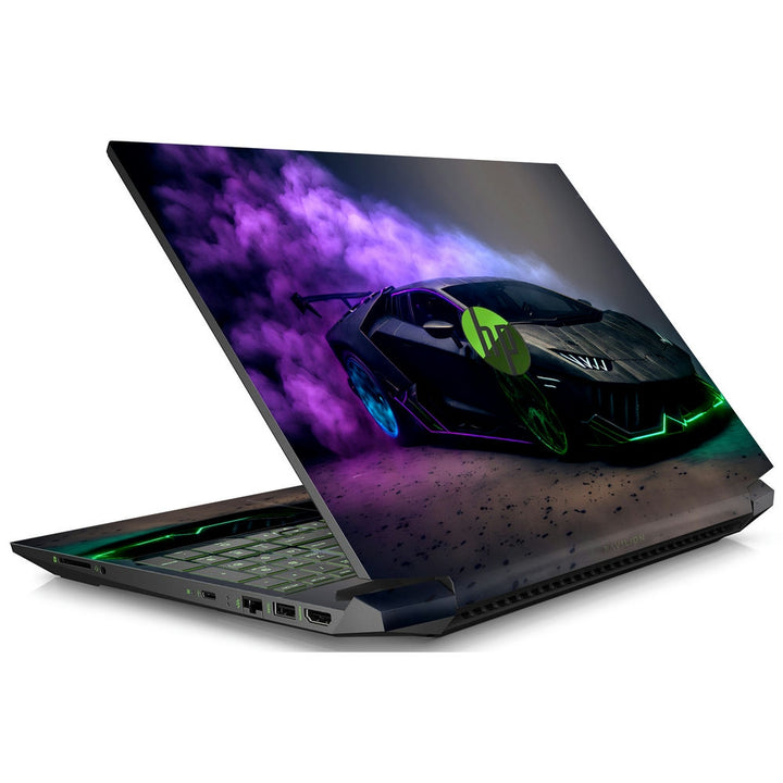 HP Laptop Skin - Black Sports Car Green Neon Lights Purple Smoke