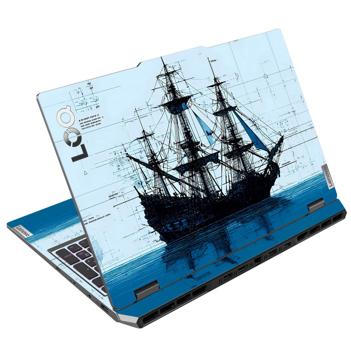 3M Material Textured Embossed Laptop Skin - Pirate Ship Blue Ink Sketch Art