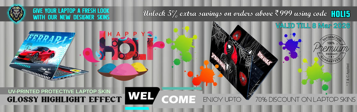 Happy Holi Sale 2026 on UV printed designer laptop skins by SkinsLegend with 5% extra discount above ₹999