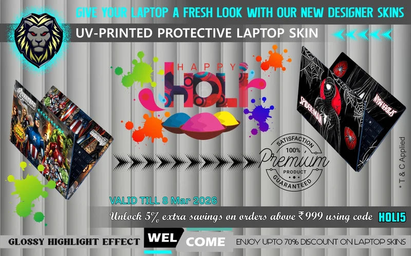 Happy Holi Sale 2026 on UV printed designer laptop skins by SkinsLegend with 5% extra discount above ₹999
