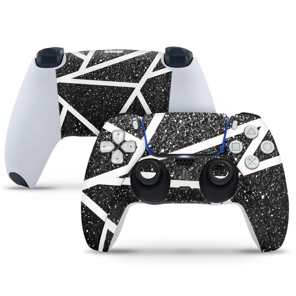 PS5 Controller Skin - White Thick Lines on Black Sparkle