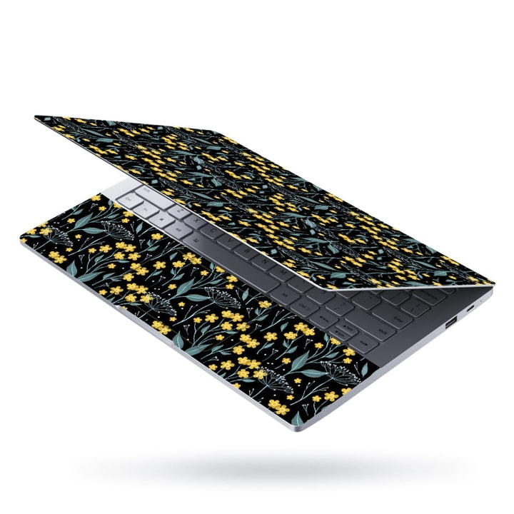 Laptop Skin - Yellow Grey Tiny Floral Leaves on Black