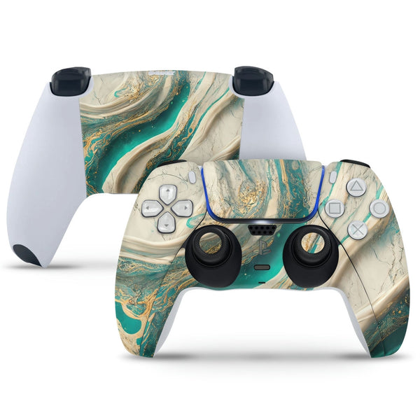 PS5 Controller Skin - White Green Stone Art