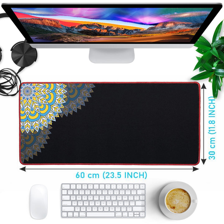 Anti-Slip Extended Desk Mat Gaming Mouse Pad - Mandala Art Left Corner Blue White