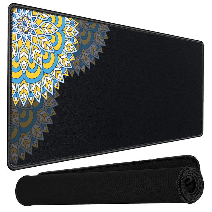 Anti-Slip Extended Desk Mat Gaming Mouse Pad - Mandala Art Left Corner Blue White