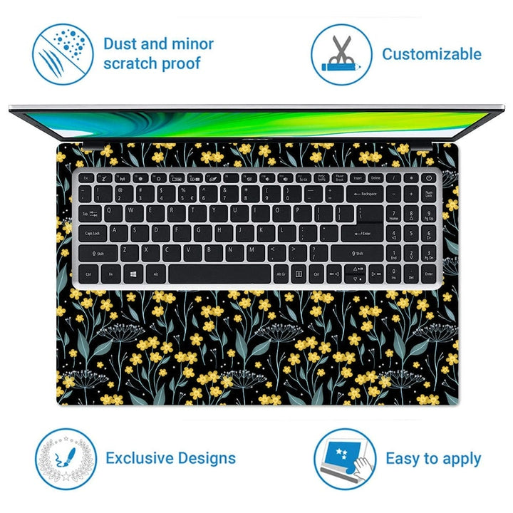 Laptop Skin - Yellow Grey Tiny Floral Leaves on Black