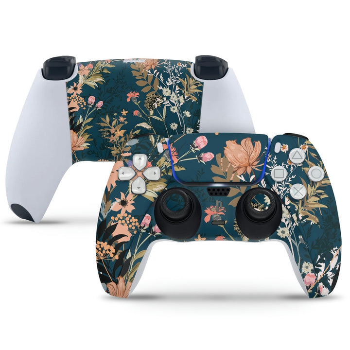 PS5 Controller Skin - Floral Blossom Design on Dark Blue