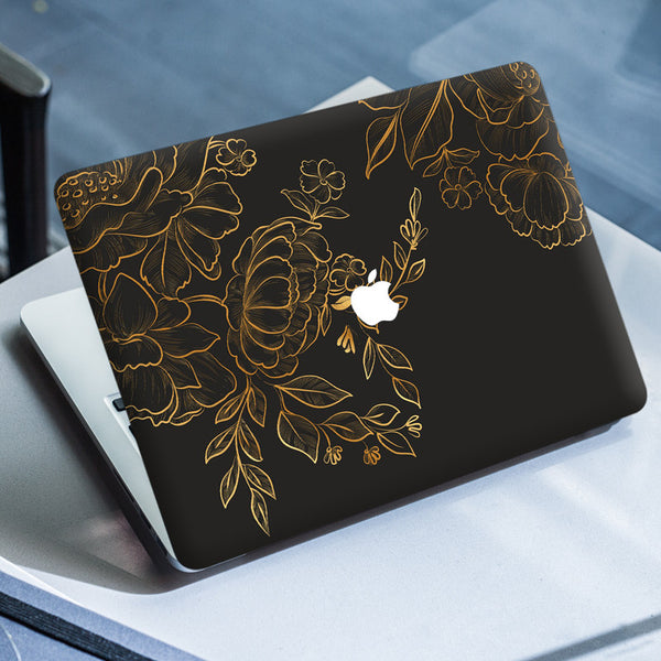 Laptop Skin for Apple MacBook - Golden Floral Vector on Black - SkinsLegend